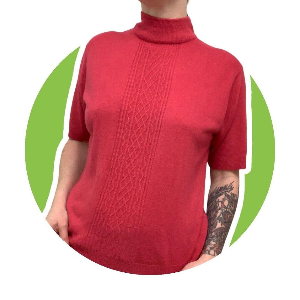 Vintage 90s N Touch Womens Large Mock Neck Knit Short Sleeve Sweater Girl Pink